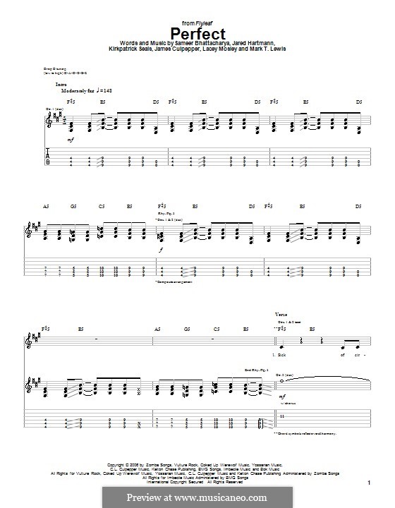 Perfect (Flyleaf): Гитарная табулатура by James Culpepper, Jared Hartmann, Kirkpatrick Seals, Lacey Mosley, Mark T. Lewis, Sameer Bhattacharya
