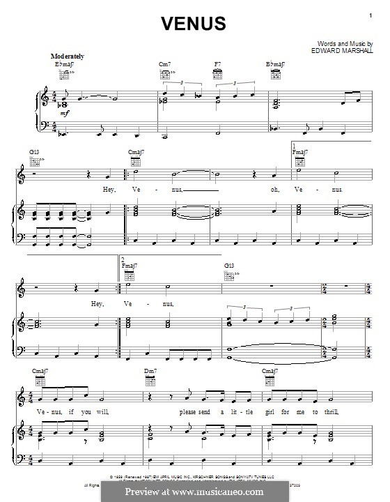 Venus (Frankie Avalon): Для голоса и фортепиано (или гитары) by Edward Marshall