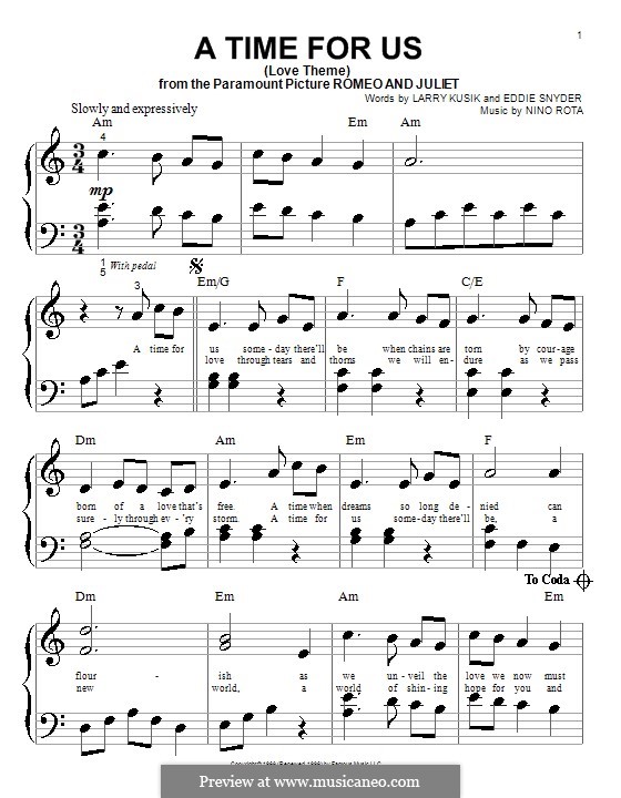 Н. Рота: A Time for Us (Love Theme from Romeo and Juliet) ноты на MusicaNeo