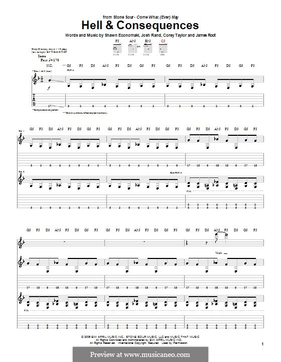 Hell and Consequences (Stone Sour): Гитарная табулатура by Corey Taylor, James Root, Josh Rand, Shawn Economaki