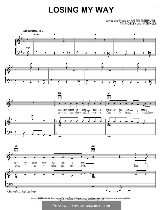 Losing My Way (Justin Timberlake): Для голоса и фортепиано (или гитары) by Floyd Nathaniel Hills, Timbaland