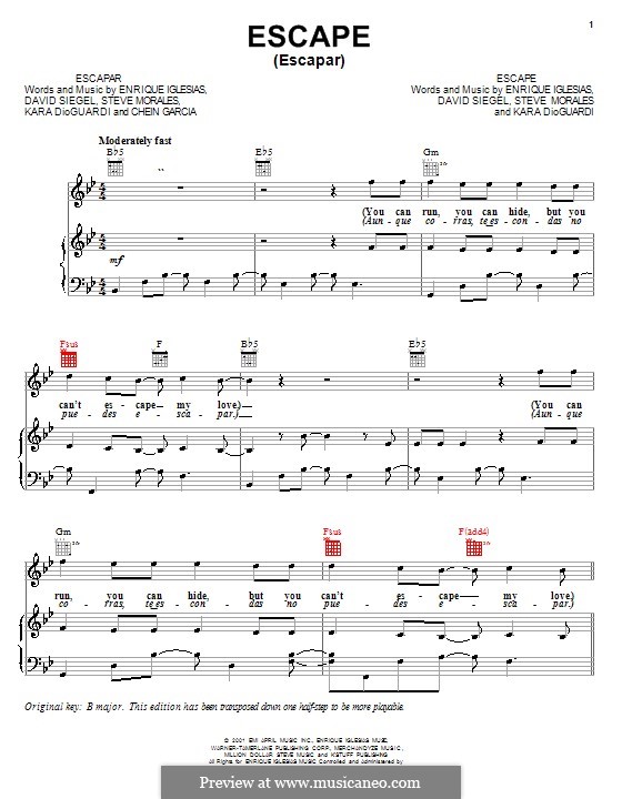 Escape (Enrique Iglesias): Для голоса и фортепиано (или гитары) by David Siegel, Kara DioGuardi, Steve Morales