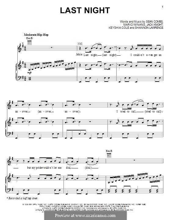 Last Night (Diddy featuring Keyshia Cole): Для голоса и фортепиано (или гитары) by Jack Knight, Mario Winans, Sean Combs, Shannon Lawrence