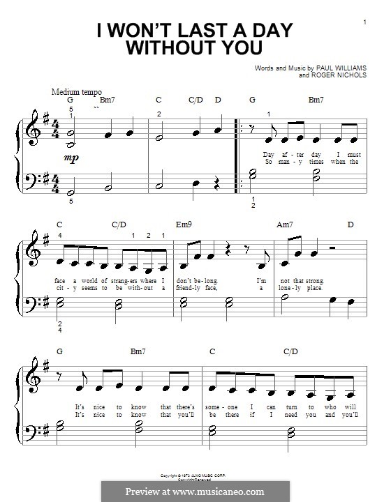 I Won't Last a Day without You (Carpenters): Для фортепиано (очень легкая версия) by Paul H. Williams, Roger Nichols