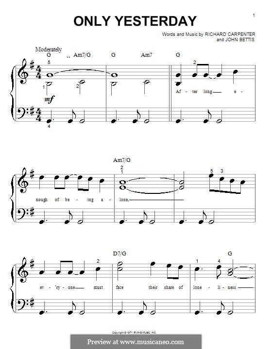 Only Yesterday (Carpenters): Для фортепиано (очень легкая версия) by John Bettis, Richard Carpenter