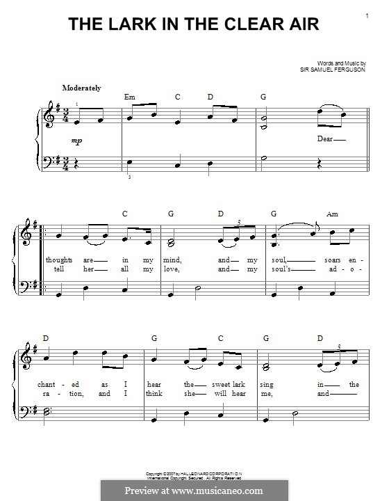 The Lark in the Clear Air: Для фортепиано (легкий уровень) by Sir Samuel Ferguson