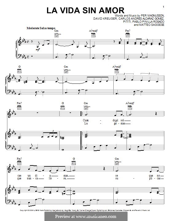 La Vida Sin Amor (Il Divo): Для голоса и фортепиано (или гитары) by Pititi, Carlos Andres Alcaraz Gomez, David Kreuger, Matteo Saggese, Pablo Pinilla Rogado, Per Magnusson