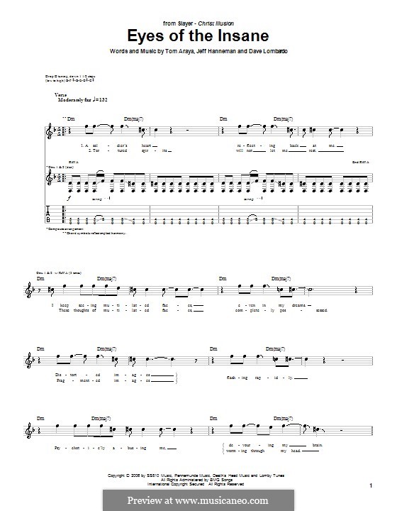 Eyes of the Insane (Slayer): Для гитары с табулатурой by Dave Lombardo, Jeffery Hanneman, Tom Araya