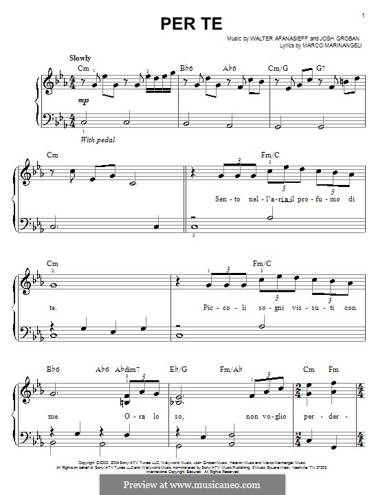 Per Te (Josh Groban): Для фортепиано by Josh Groban, Walter Afanasieff