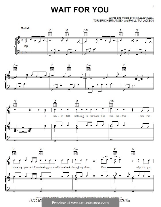 Wait for You (Elliott Yamin): Для голоса и фортепиано (или гитары) by Mikkel Storleer Eriksen, Phillip Jackson, Tor Erik Hermansen