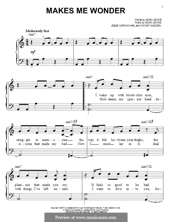 Makes Me Wonder (Maroon 5): Для фортепиано (легкий уровень) by Adam Levine, Jesse Carmichael, Mickey Madden