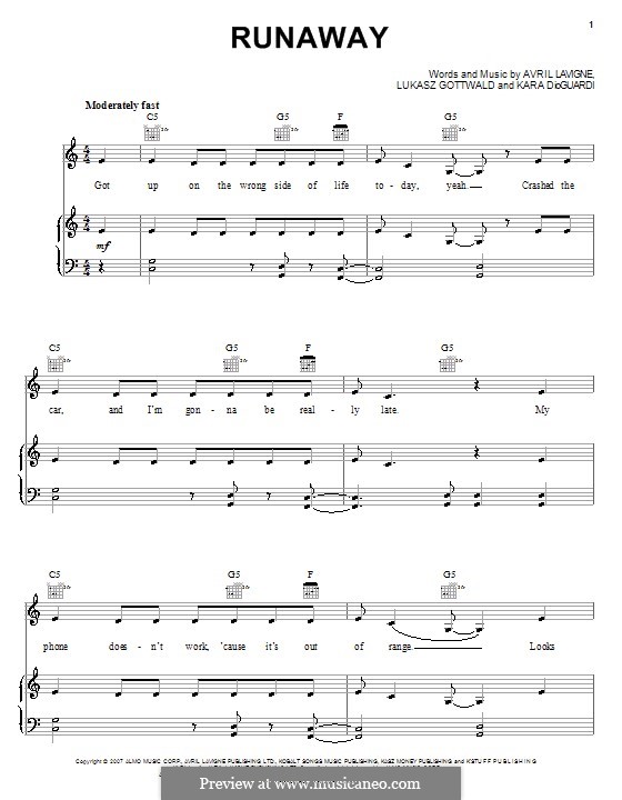 Runaway (Avril Lavigne): Для голоса и фортепиано (или гитары) by Kara DioGuardi, Lukas Gottwald