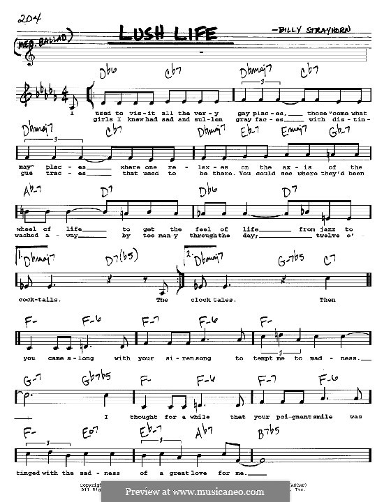 Lush Life: Мелодия, текст и аккорды - инструменты in C by Billy Strayhorn