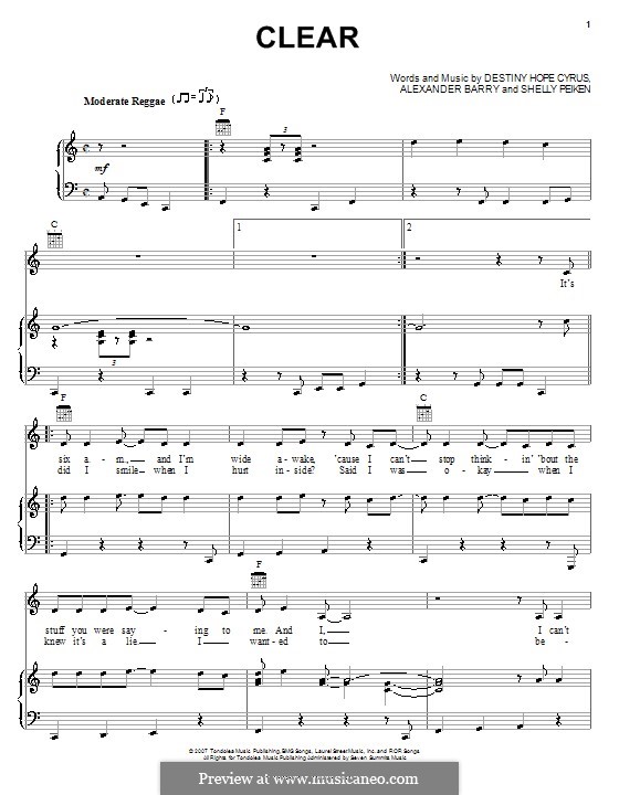 Clear (Hannah Montana): Для голоса и фортепиано (или гитары) by Alexander Barry, Destiny Hope Cyrus, Shelly Peiken