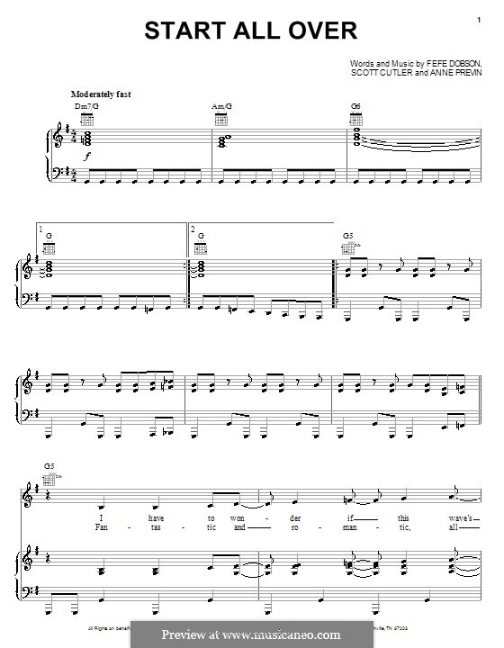 Start All Over (Hannah Montana): Для голоса и фортепиано (или гитары) by Anne Preven, Fefe Dobson, Scott Cutler