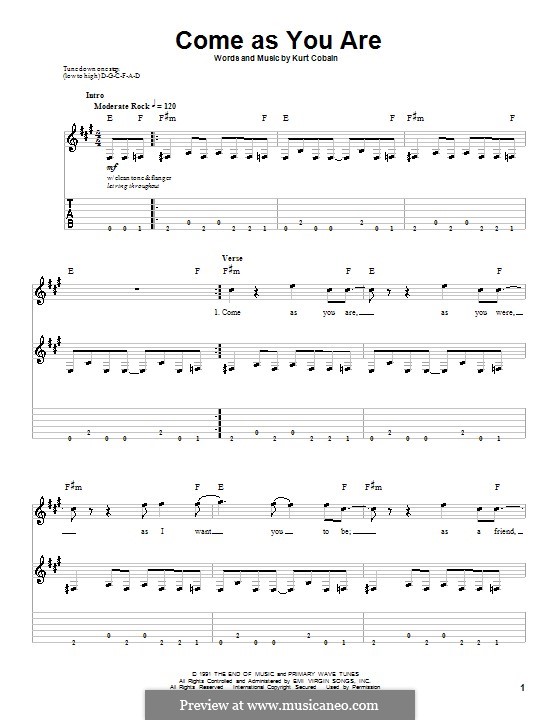 Come as You Are (Nirvana): Гитарная табулатура by Kurt Cobain