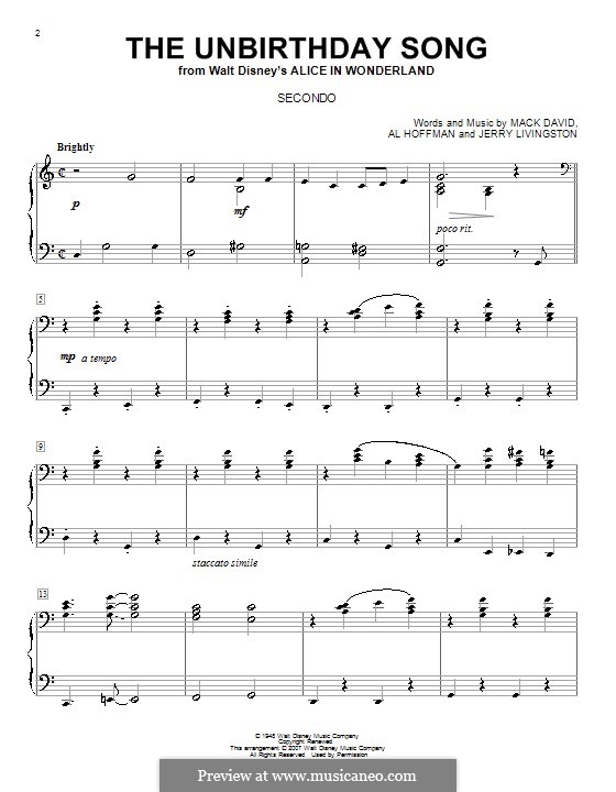 The Unbirthday Song: Для фортепиано в четыре руки by Al Hoffman, Jerry Livingston, Mack David