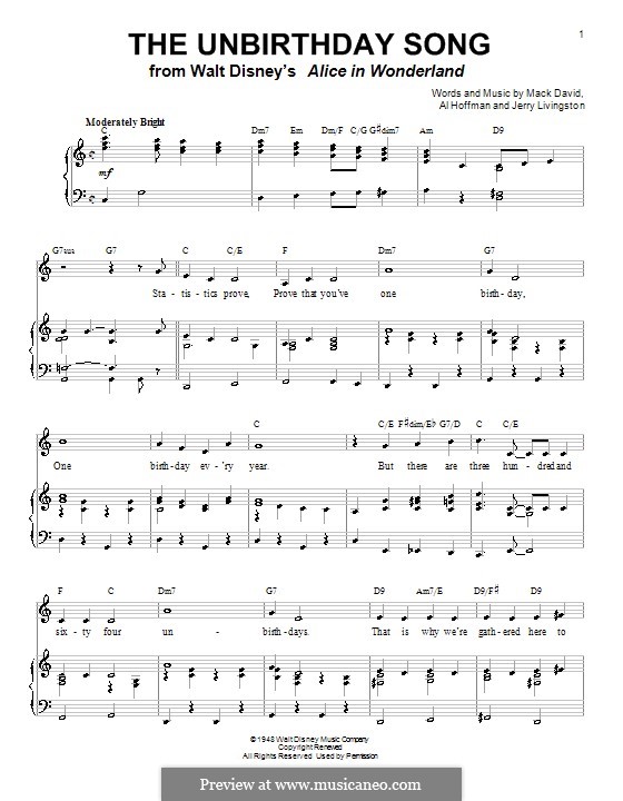 The Unbirthday Song: Для голоса и фортепиано (или гитары) by Al Hoffman, Jerry Livingston, Mack David