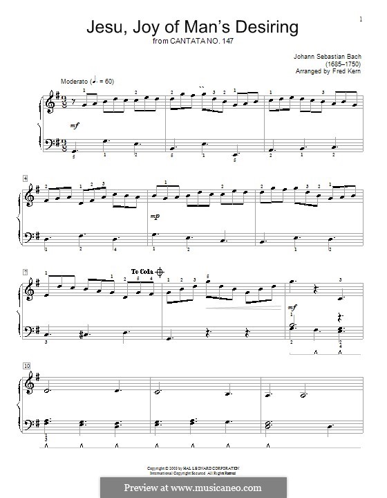Jesu, Joy of Man's Desiring, for Piano: For a single performer (with fingering) by Иоганн Себастьян Бах