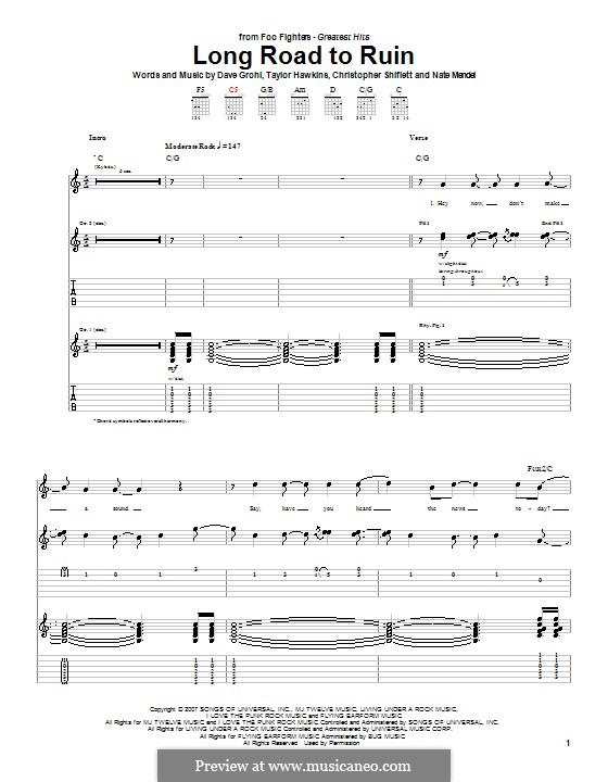 Long Road to Ruin (Foo Fighters): Гитарная табулатура by Christopher Shiflett, David Grohl, Nate Mendel, Taylor Hawkins