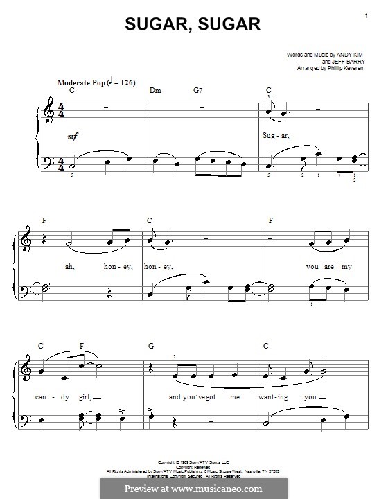 Sugar, Sugar (The Archies): Для фортепиано (легкий уровень) by Andy Kim, Jeff Barry
