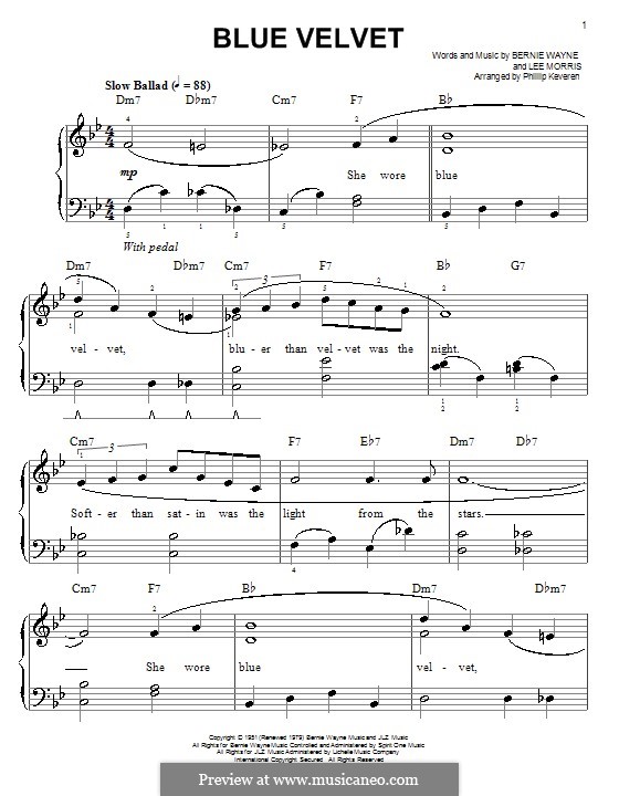 Blue Velvet: Для фортепиано (легкий уровень) (Bobby Vinton) by Bernie Wayne, Lee Morris