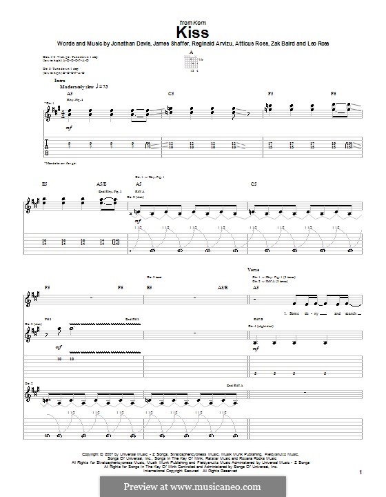 Kiss (Korn): Гитарная табулатура by Atticus Ross, James Shaffer, Jonathan Davis, Leopold Ross, Reginald Arvizu, Zak Baird