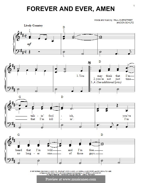 Forever and Ever, Amen (Randy Travis): Для фортепиано (легкий уровень) by Don Schlitz, Paul Overstreet