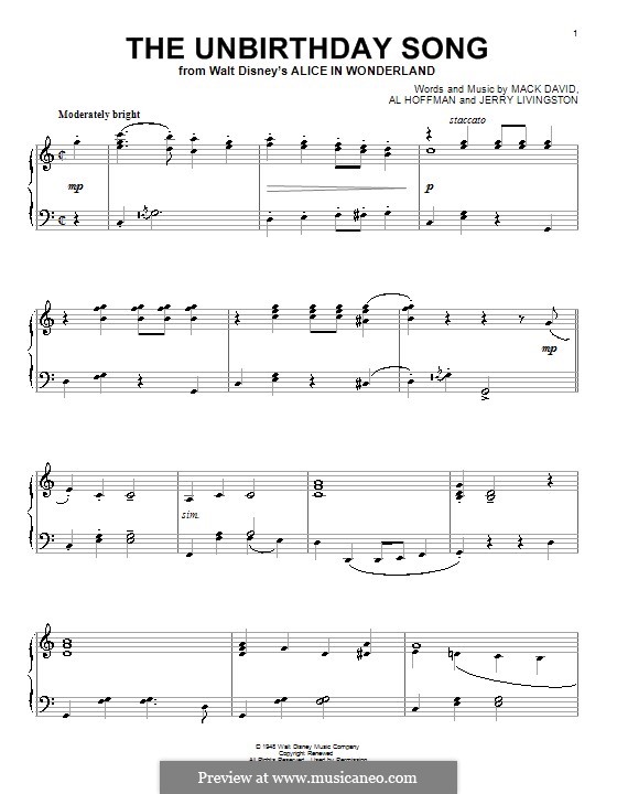 The Unbirthday Song: Для фортепиано by Al Hoffman, Jerry Livingston, Mack David
