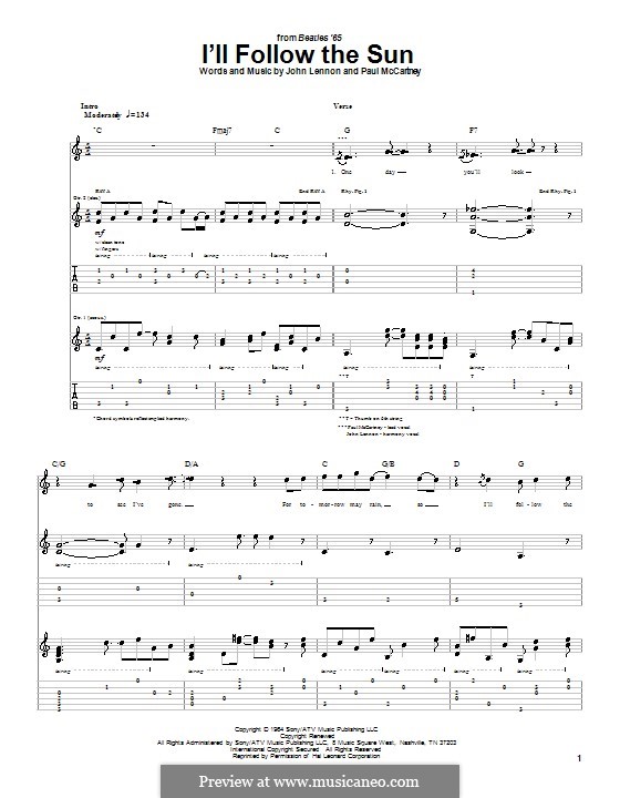 I'll Follow the Sun (The Beatles): Гитарная табулатура by John Lennon, Paul McCartney
