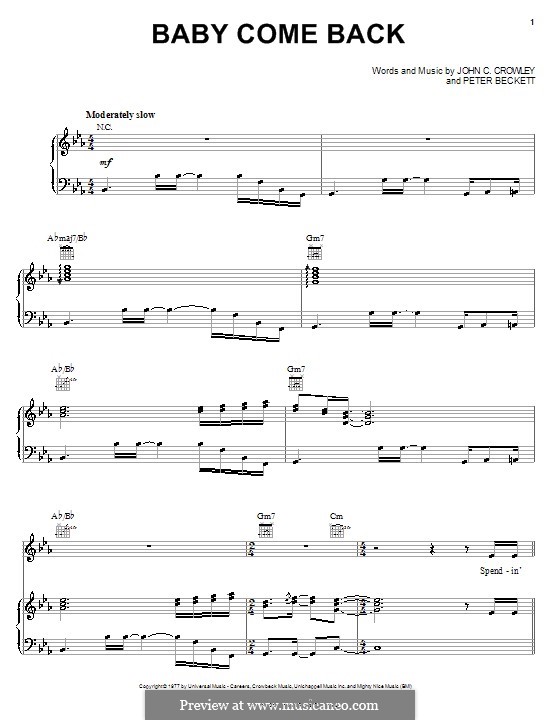 Baby Come Back (Player): Для голоса и фортепиано (или гитары) by John C. Crowley, Peter Beckett