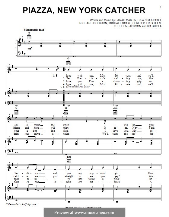 Piazza, New York Catcher (Belle and Sebastian): Для голоса и фортепиано (или гитары) by Bob Kildea, Christopher Geddes, Michael Cooke, Richard Colburn, Sarah Martin, Stephen Jackson, Stuart Murdoch