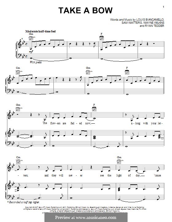 Take a Bow (Leona Lewis): Для голоса и фортепиано (или гитары) by Louis Biancaniello, Ryan B Tedder, Samuel Watters, Wayne Wilkins