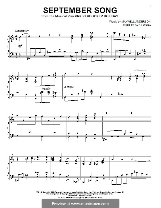 September Song (from Knickerbocker Holiday): Для фортепиано by Kurt Weill