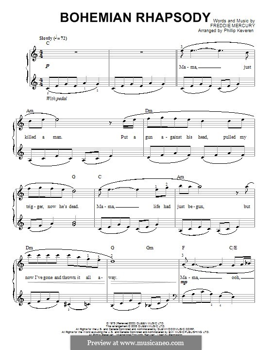 Freddie Mercury Bohemian Rhapsody Queen ноты на Musicaneo