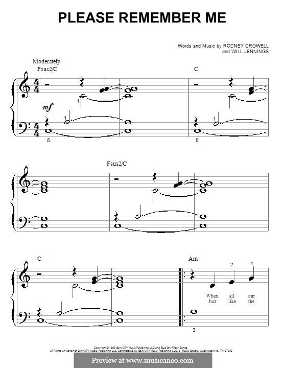 Please Remember Me (Tim McGraw): Для фортепиано (очень легкая версия) by Rodney Crowell, Will Jennings