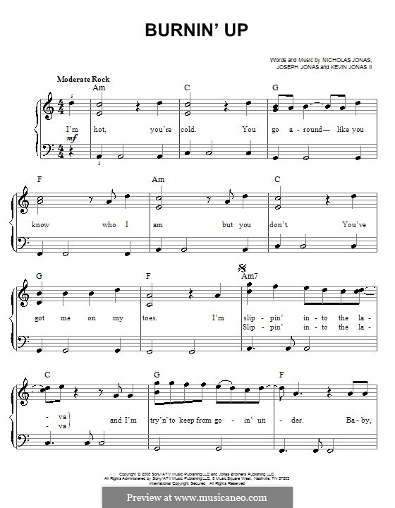 Burnin' Up (Jonas Brothers): Для фортепиано (легкий уровень) by Joseph Jonas, Kevin Jonas Sr., Nicholas Jonas