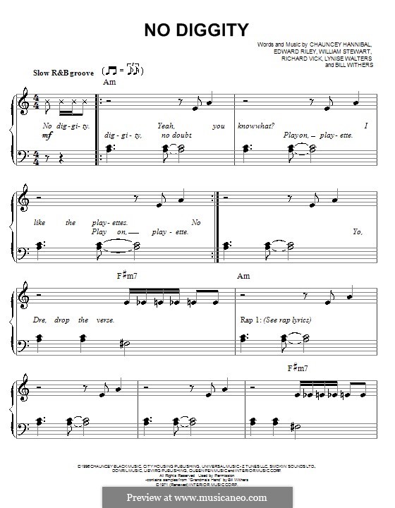 No Diggity (Blackstreet): Для фортепиано (легкий уровень) by Bill Withers, Chauncey Hannibal, Teddy Riley, Lynise Walters, Richard Vick, William Stewart