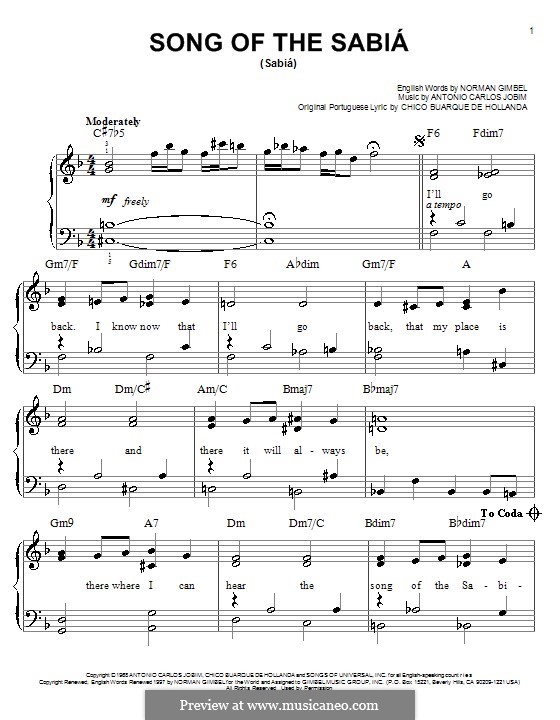 Song of the Sabiá (Sabiá): Для фортепиано (легкий уровень) by Antonio Carlos Jobim