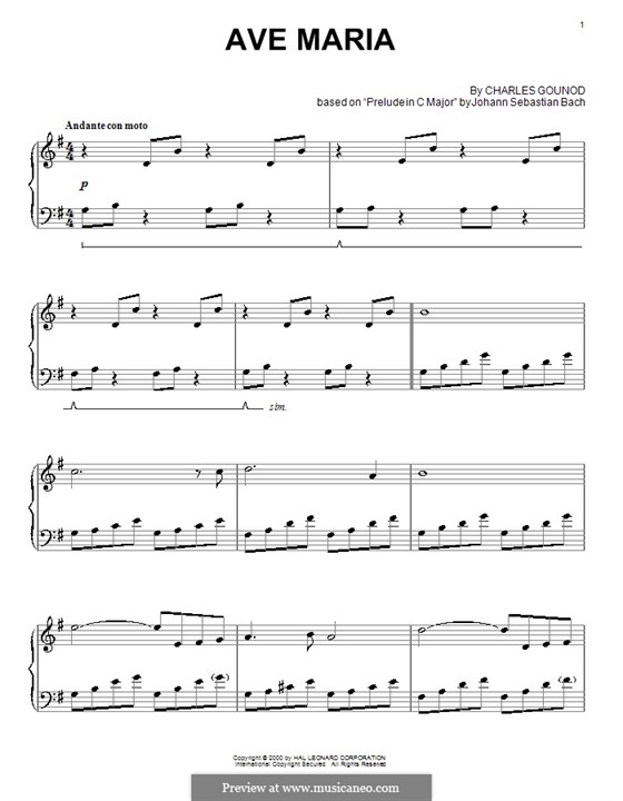 Ave Maria (Printable Sheet Music): Для фортепиано (соль мажор) by Иоганн Себастьян Бах, Шарль Гуно