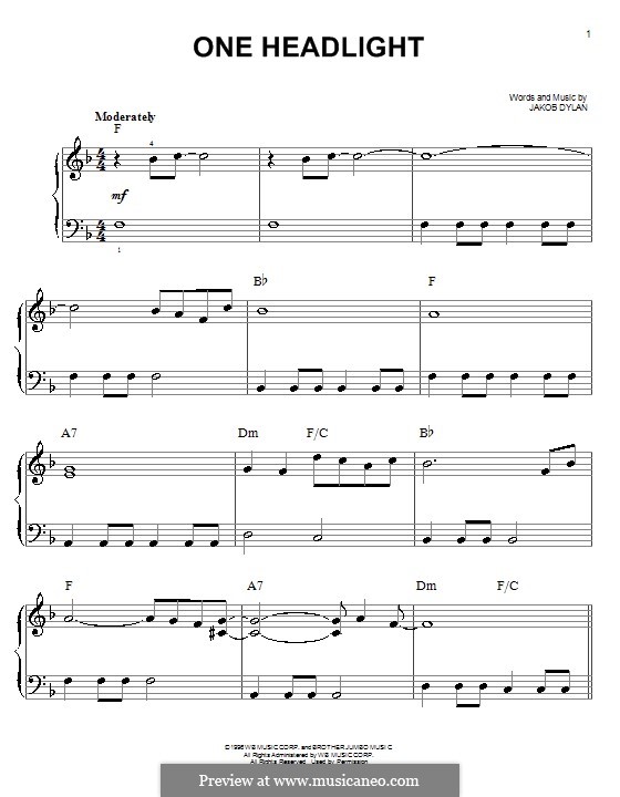 One Headlight (The Wallflowers): Для фортепиано (легкий уровень) by Jakob Dylan