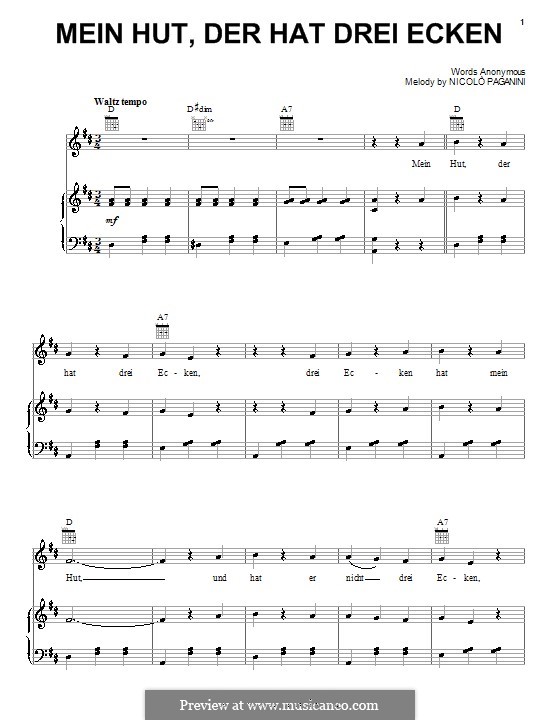 Mein Hut, der hat drei Ecken: Für Stimme und Klavier (oder Gitarre) by Никколо Паганини