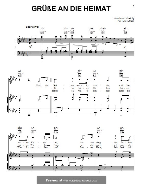 Grusse an die Heimat (Hail, My Homeland): Для голоса и фортепиано (или гитары) by Karl Kromer