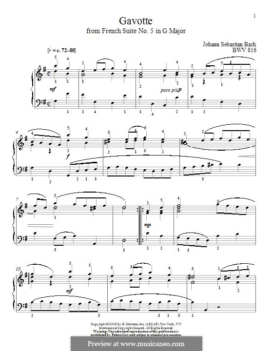 Сюита No.5 соль мажор, BWV 816: Гавот, для фортепиано by Иоганн Себастьян Бах