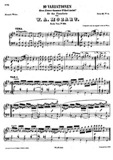 Десять вариаций на тему 'Les Hommes Pieusement' из оперы 'Неожиданная встреча' Глюка, K.455: Для одного исполнителя by Вольфганг Амадей Моцарт