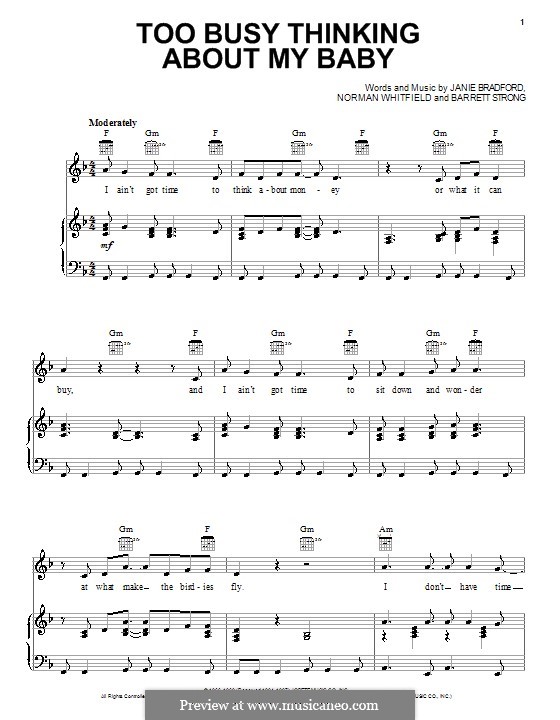 Too Busy Thinking About My Baby (Marvin Gaye): Для голоса и фортепиано (или гитары) by Barrett Strong, Janie Bradford, Norman J. Whitfield