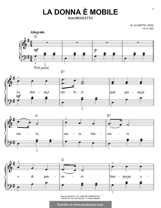 La donna è mobile (Over the Summer Sea) printable scores: Для фортепиано (легкий уровень) by Джузеппе Верди