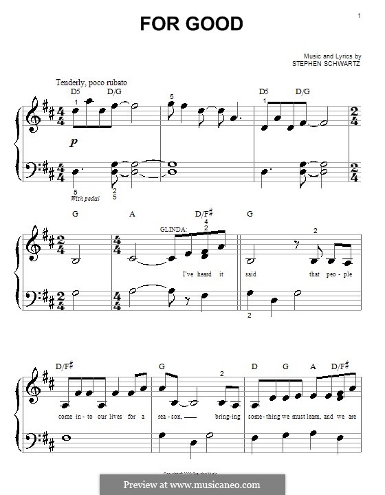 For Good (from Wicked): Для фортепиано (очень легкая версия) by Stephen Schwartz