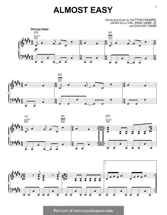 Almost Easy (Avenged Sevenfold): Для голоса и фортепиано (или гитары) by Brian Haner Jr., James Sullivan, Matthew Sanders, Zachary Baker