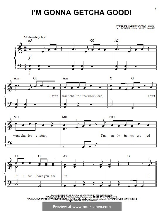 I'm Gonna Getcha Good!: Для фортепиано (легкий уровень) by Robert John Lange, Shania Twain